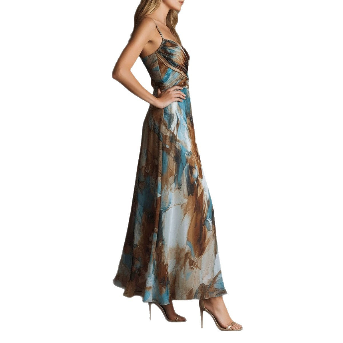 Vestido Fluido con Tirantes y Cintura Entallada, Estampado Floral