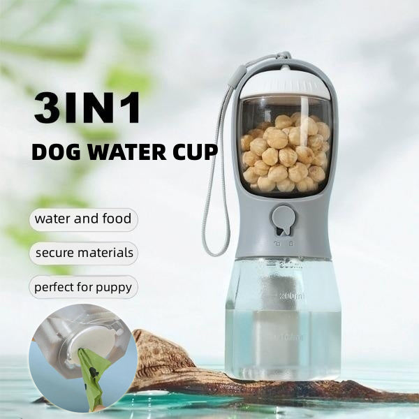 Botella 3 en 1 para Mascotas: Agua, Comida y Bolsas