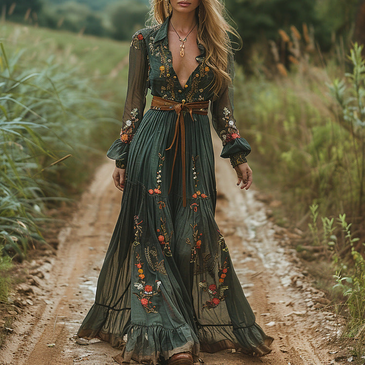 Vestido Largo Estampado de Manga Larga con Cuello Camisero - vista 2