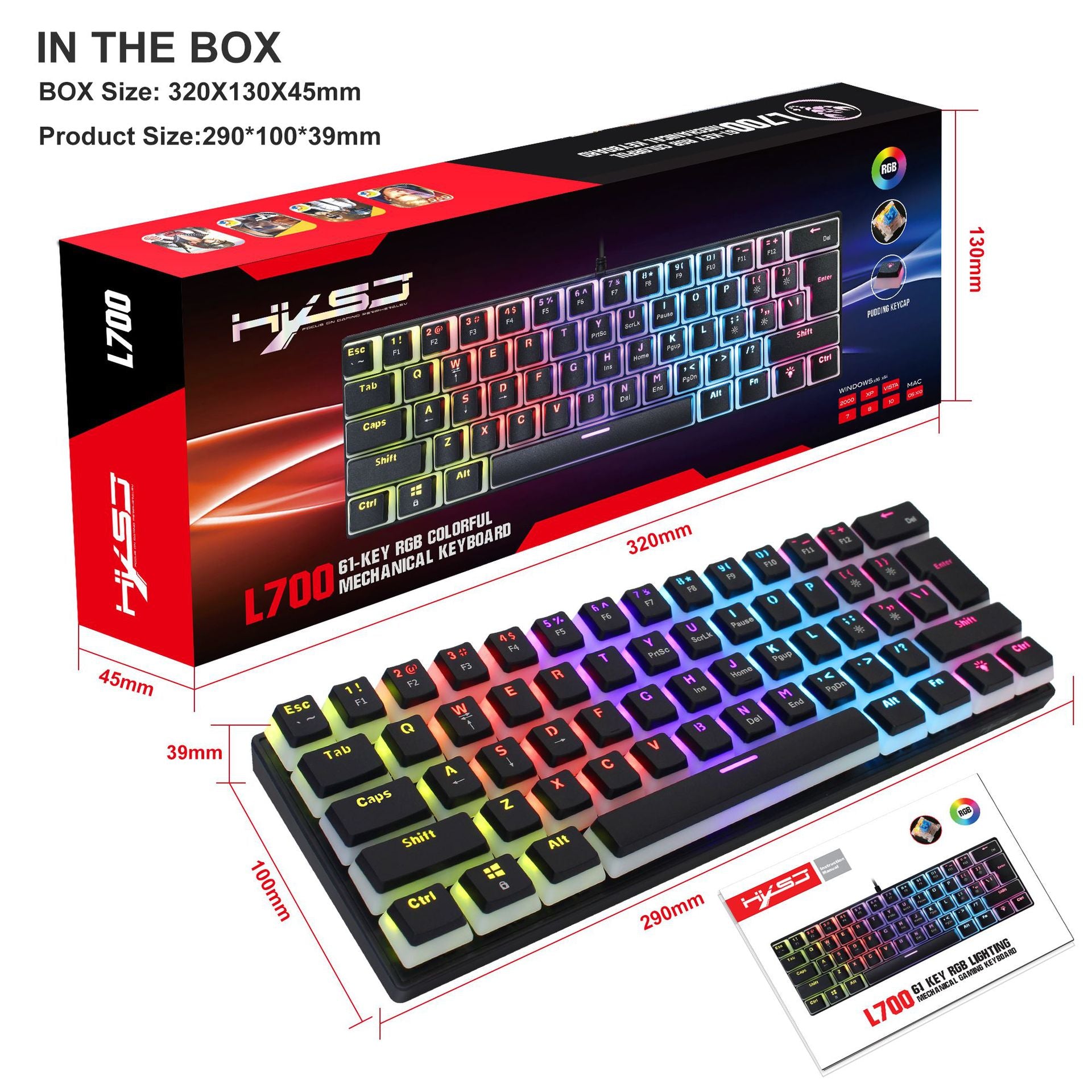 Teclado Mecánico HXSJ de 61 Teclas, Switch Azul, Retroiluminado - vista 4