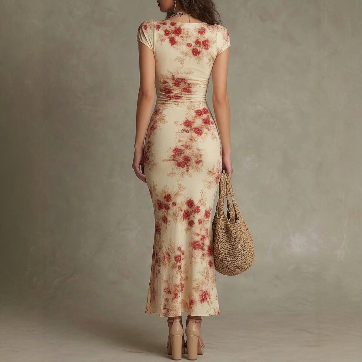 Vestido Largo Entallado Estampado, Estilo Vintage