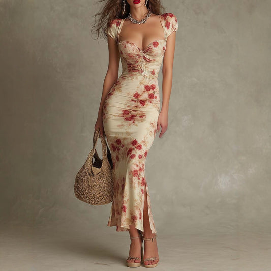 Vestido Largo Entallado Estampado, Estilo Vintage