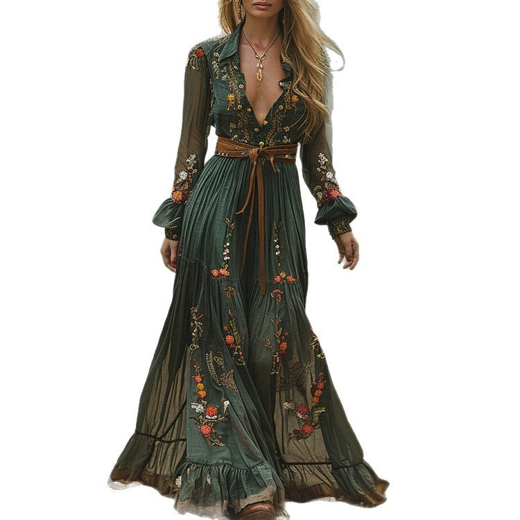 Vestido Largo Estampado de Manga Larga con Cuello Camisero