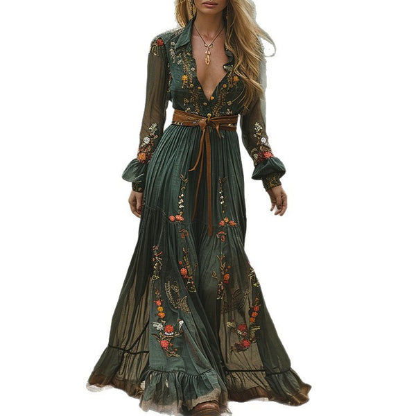 Vestido Largo Estampado de Manga Larga con Cuello Camisero