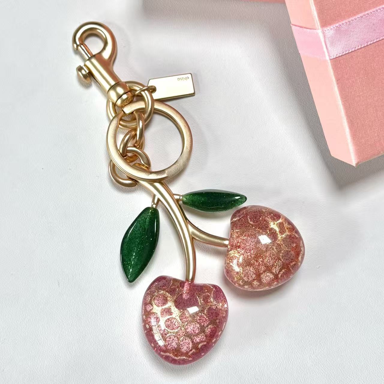 Llavero de Cristal con Cerezas, Colgante para Bolso o Coche