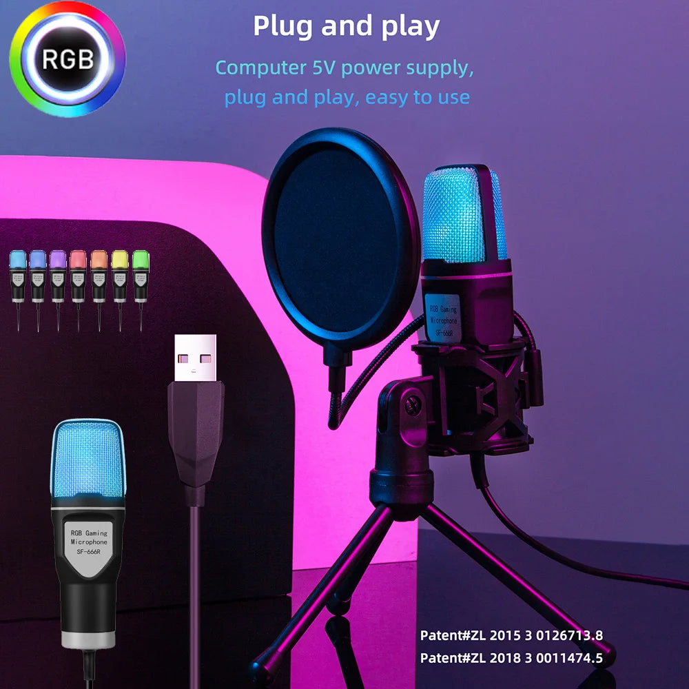 Micrófono de Condensador USB SF-666R con Luces RGB
