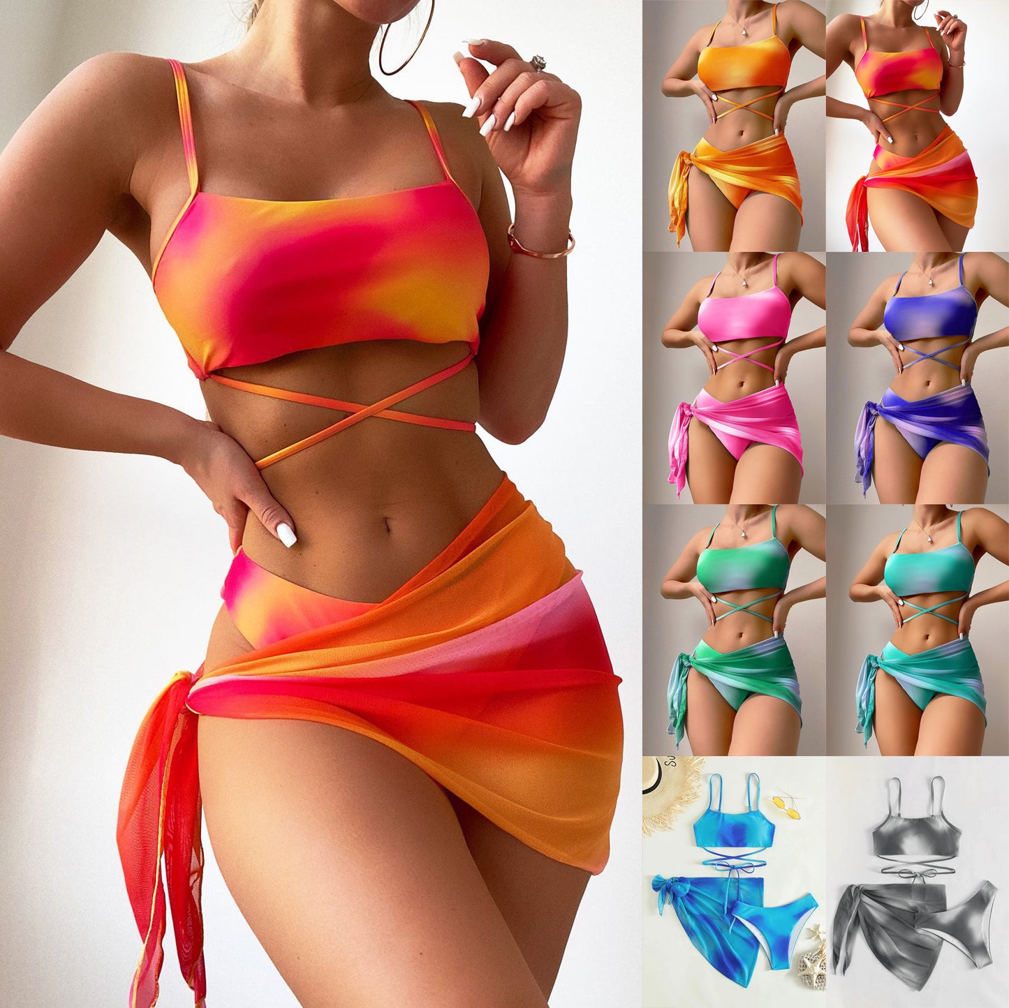 Bikini Tie-Dye 3 Piezas con Falda de Malla