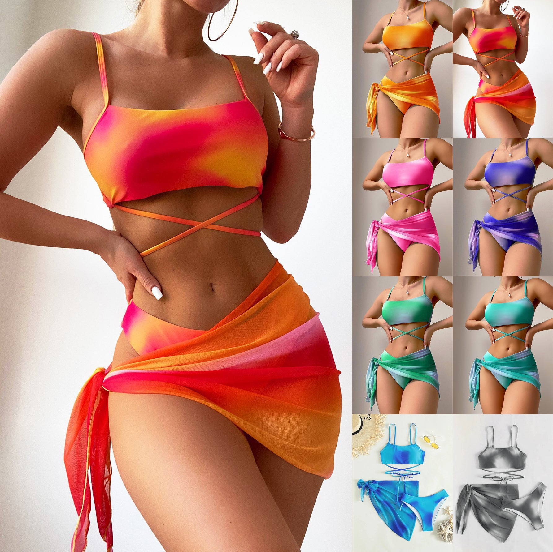 Bikini Tie-Dye 3 Piezas con Falda de Malla