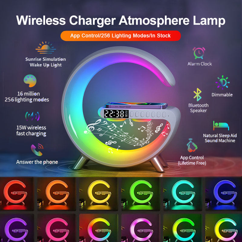 Lámpara LED en G con Altavoz Bluetooth, Cargador Inalámbrico y Reloj - vista 6