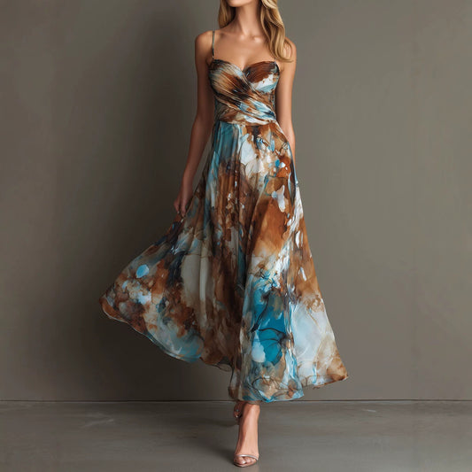 Vestido Fluido con Tirantes y Cintura Entallada, Estampado Floral