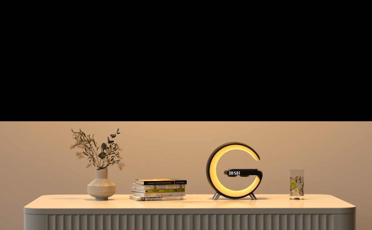 Lámpara LED en G con Altavoz Bluetooth, Cargador Inalámbrico y Reloj - vista 9