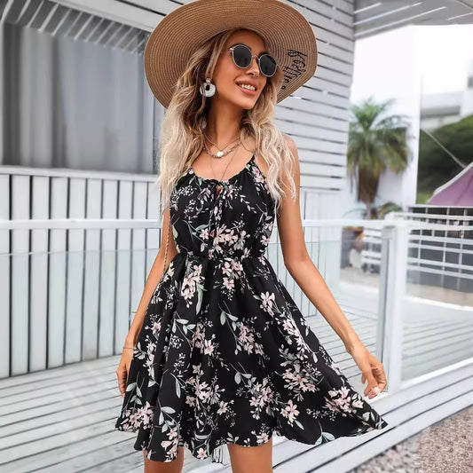 Vestido Elegante sin Mangas con Estampado y Cintura Elástica