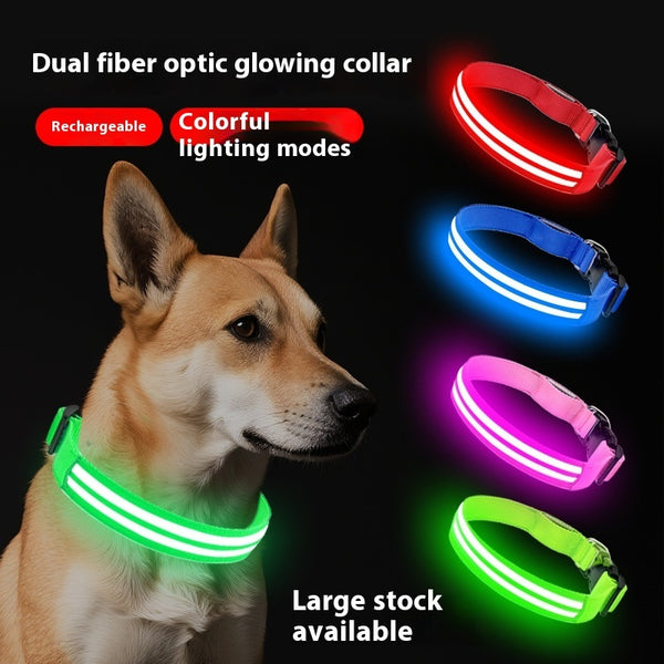 Collar Luminoso Doble Fibra para Perros, Modo Nocturno