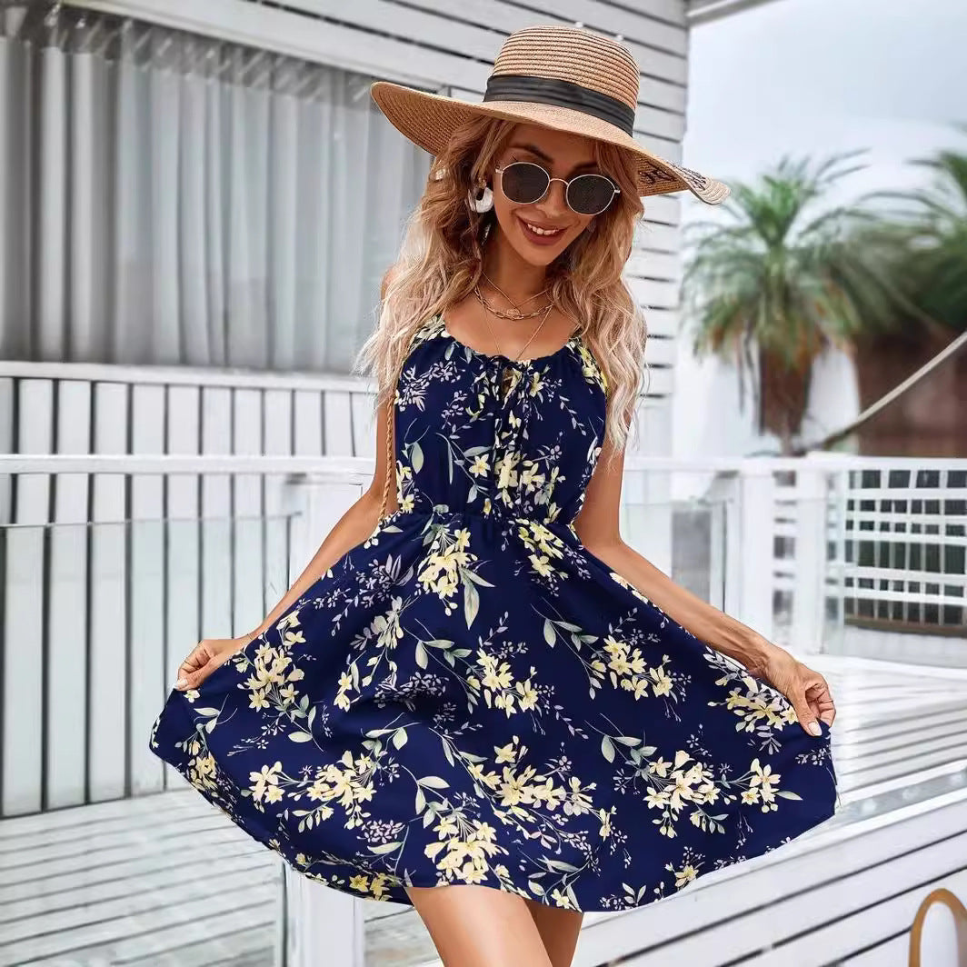 Vestido Elegante sin Mangas con Estampado y Cintura Elástica