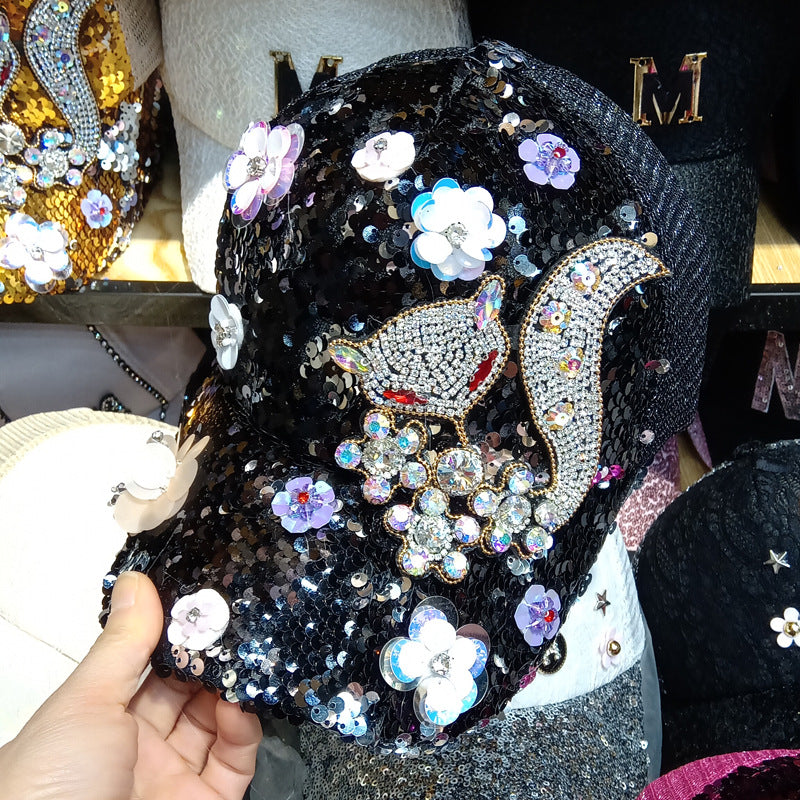 Gorra de Béisbol con Pedrería y Flores, Estilo Coreano