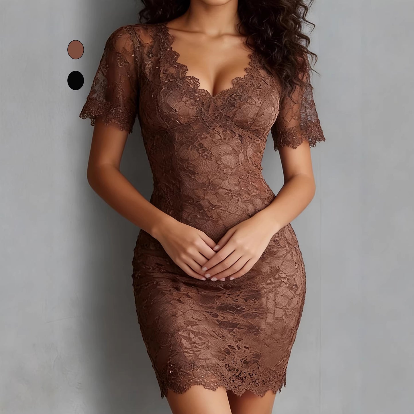 Vestido Ceñido de Encaje con Escote en V