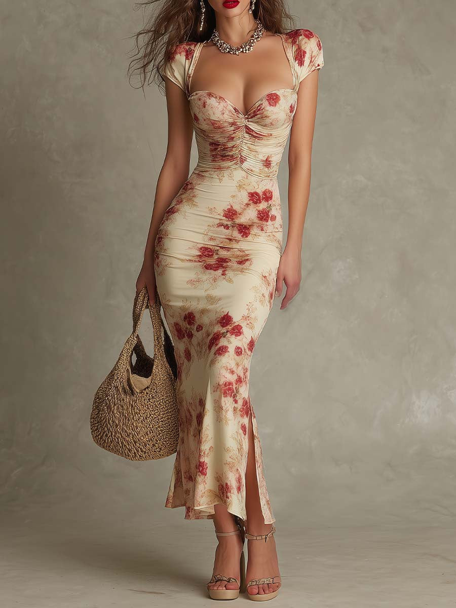 Vestido Largo Entallado Estampado, Estilo Vintage