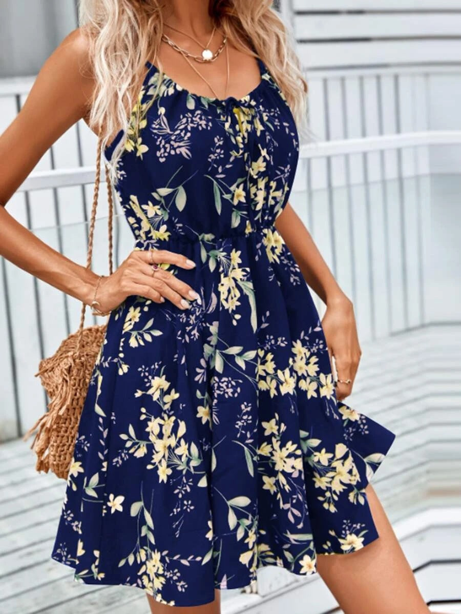 Vestido Elegante sin Mangas con Estampado y Cintura Elástica