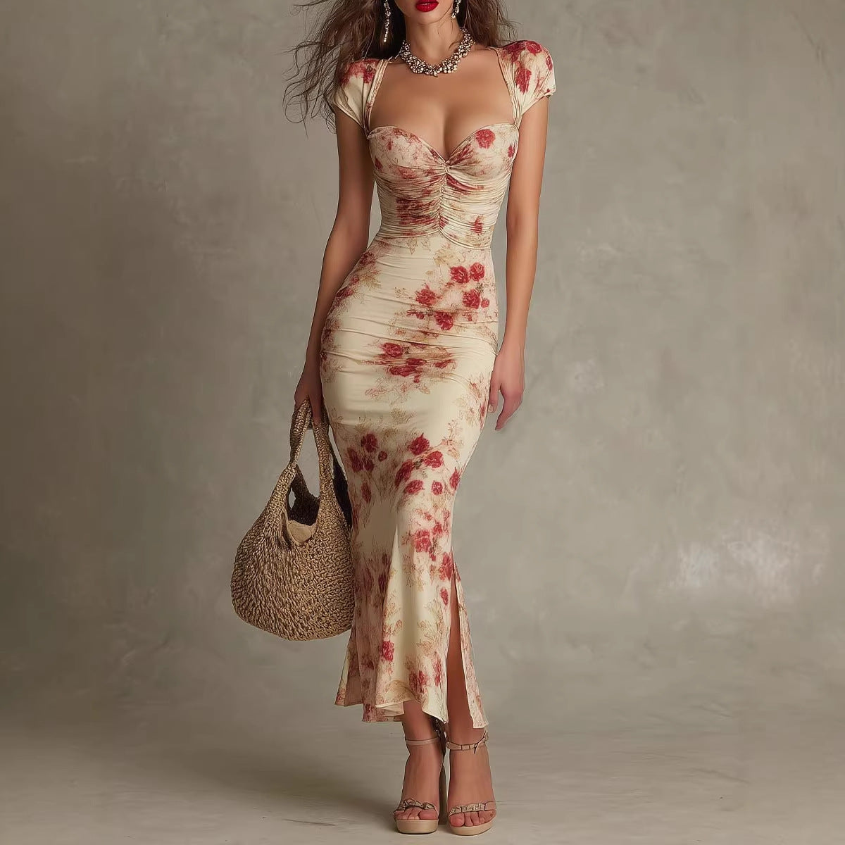 Vestido Largo Entallado Estampado, Estilo Vintage