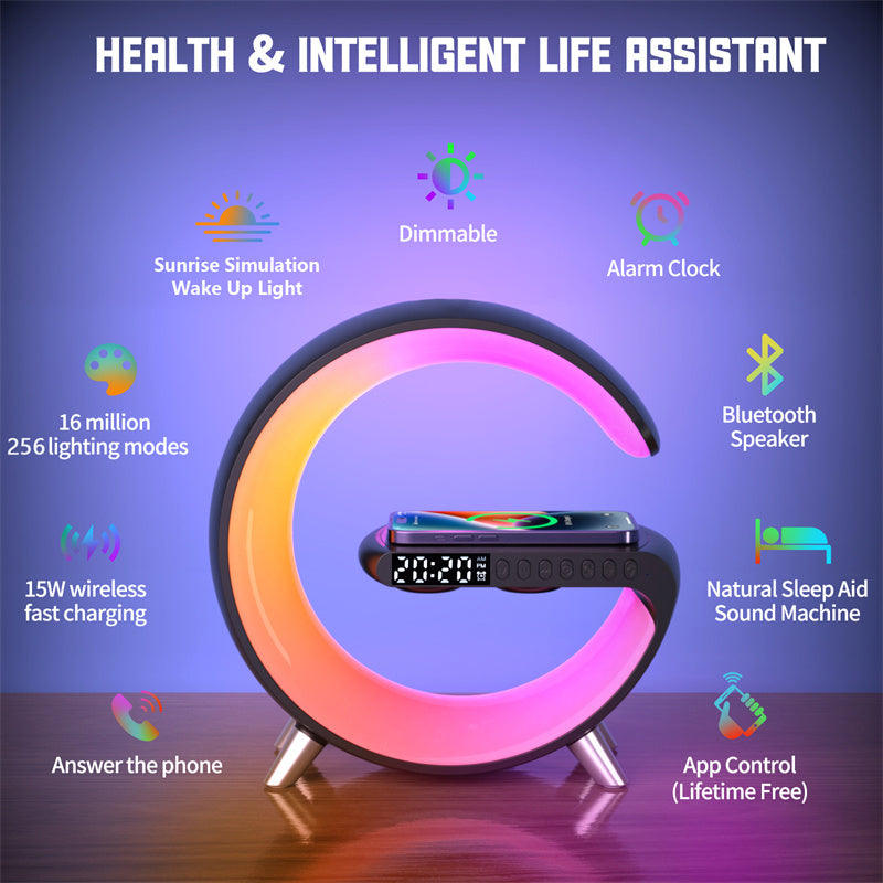 Lámpara LED en G con Altavoz Bluetooth, Cargador Inalámbrico y Reloj - vista 4