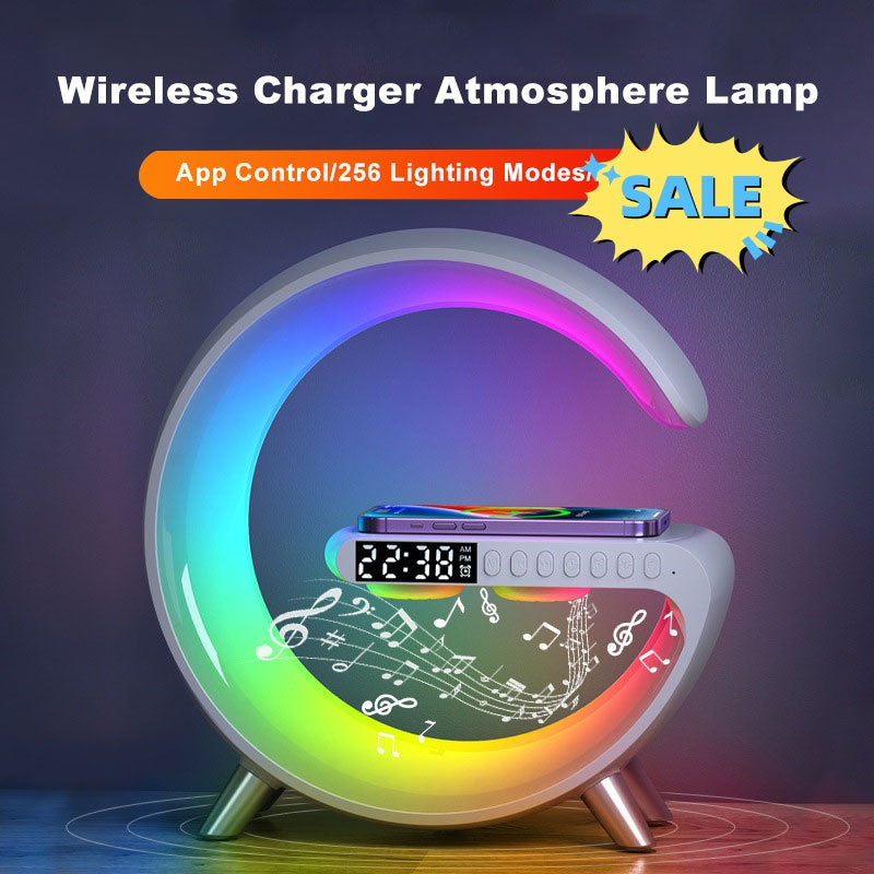 Lámpara LED en G con Altavoz Bluetooth, Cargador Inalámbrico y Reloj